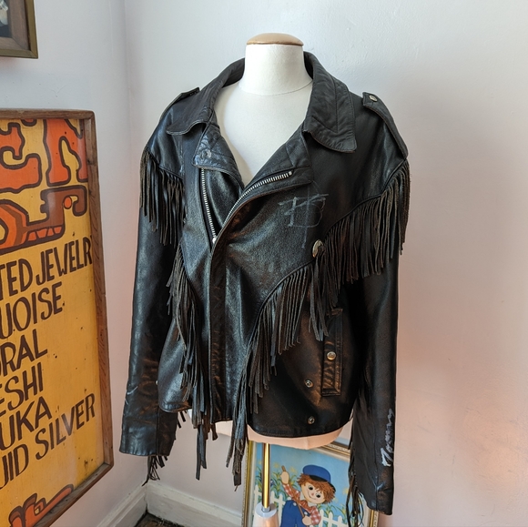 Vintage Fringe Black Leather Jacket with Heavy Metal Musician Autographs - Picture 8 of 13